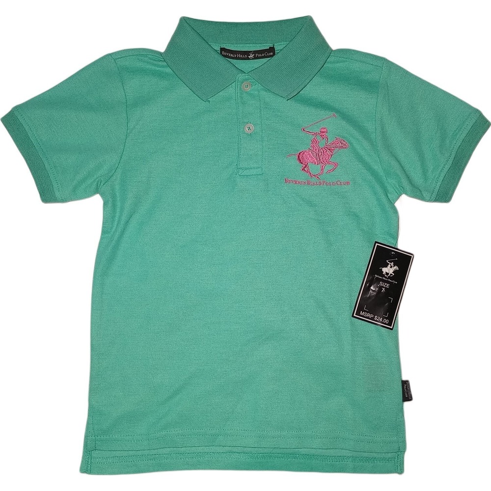 Beverly Hills Polo Club Girls Sz 7 Shirt Collared Green Pink Pony Short Sleeve